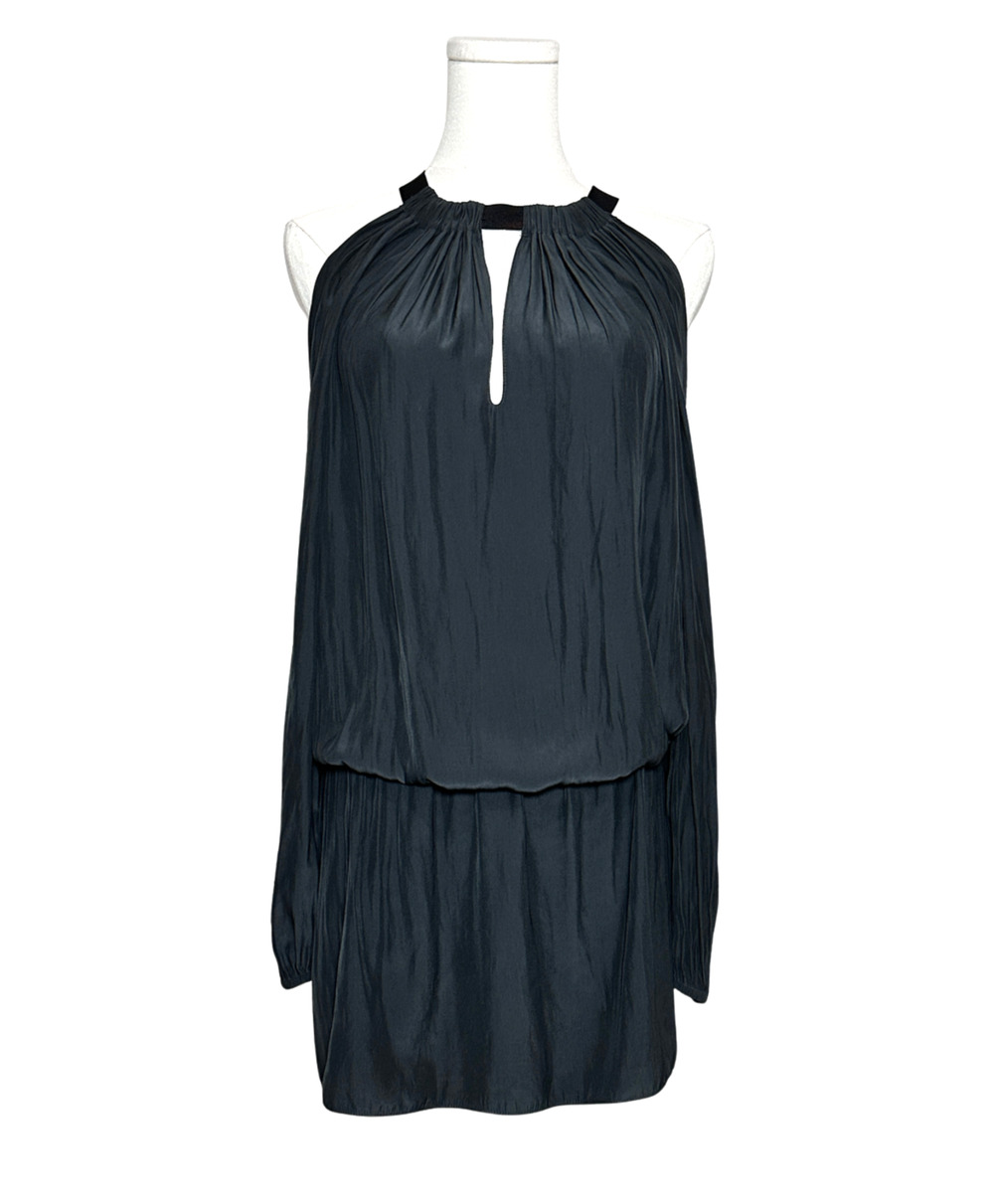 Ramy Brook Satin Smocked Cold Shoulder Keyhole Long Sleeve Mini Dress Small